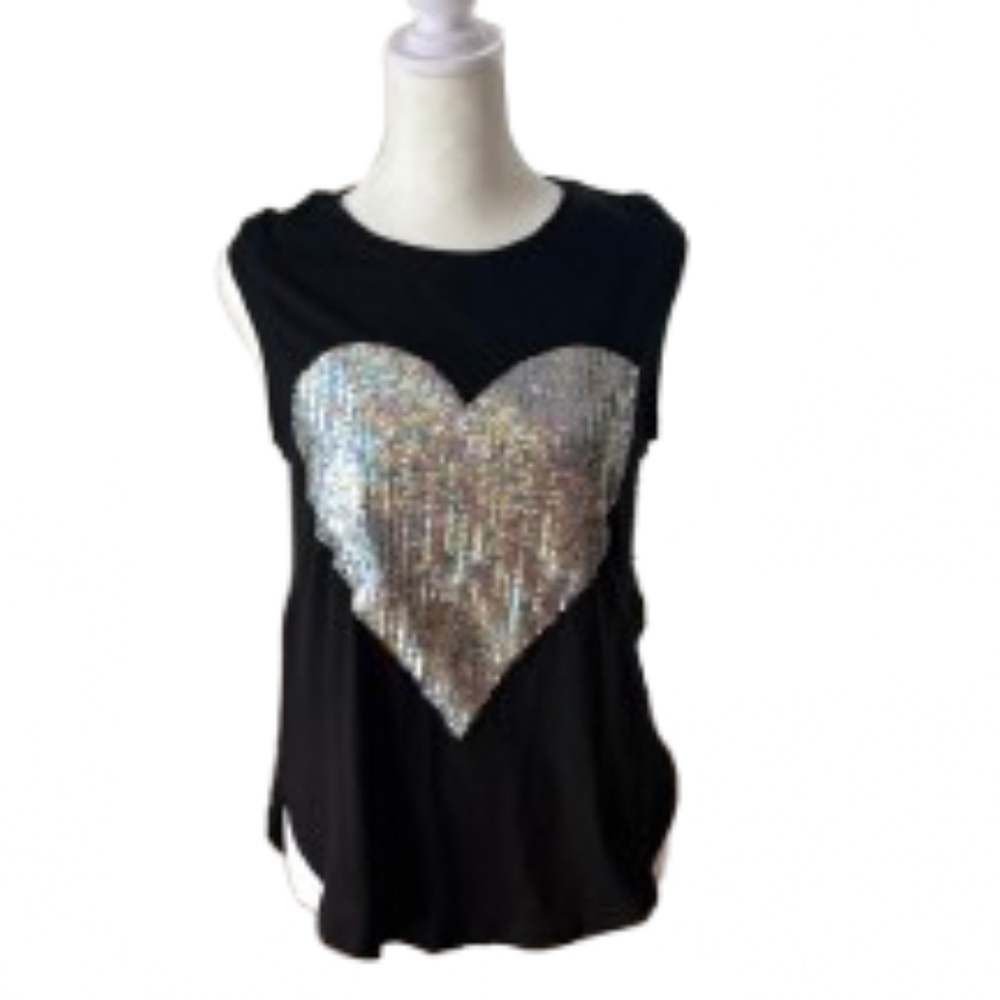 NOISYQ Black Sequin Heart Tank Top Small | Statement Graphic